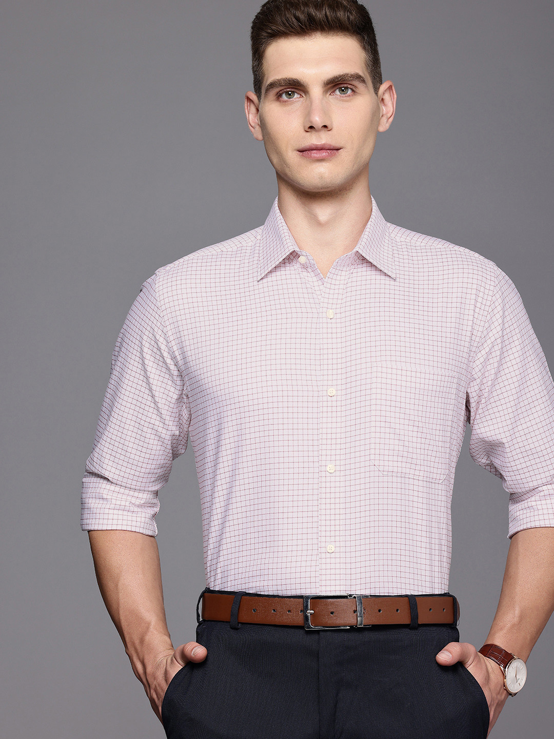 Raymond Grid Tattersall Checks Cutaway Collar Pure Cotton Formal Shirt