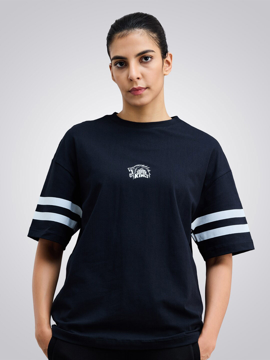 BOLDFIT Chennai Super Kings Printed Drop-Shoulder Sleeves Cotton Oversized T-shirt