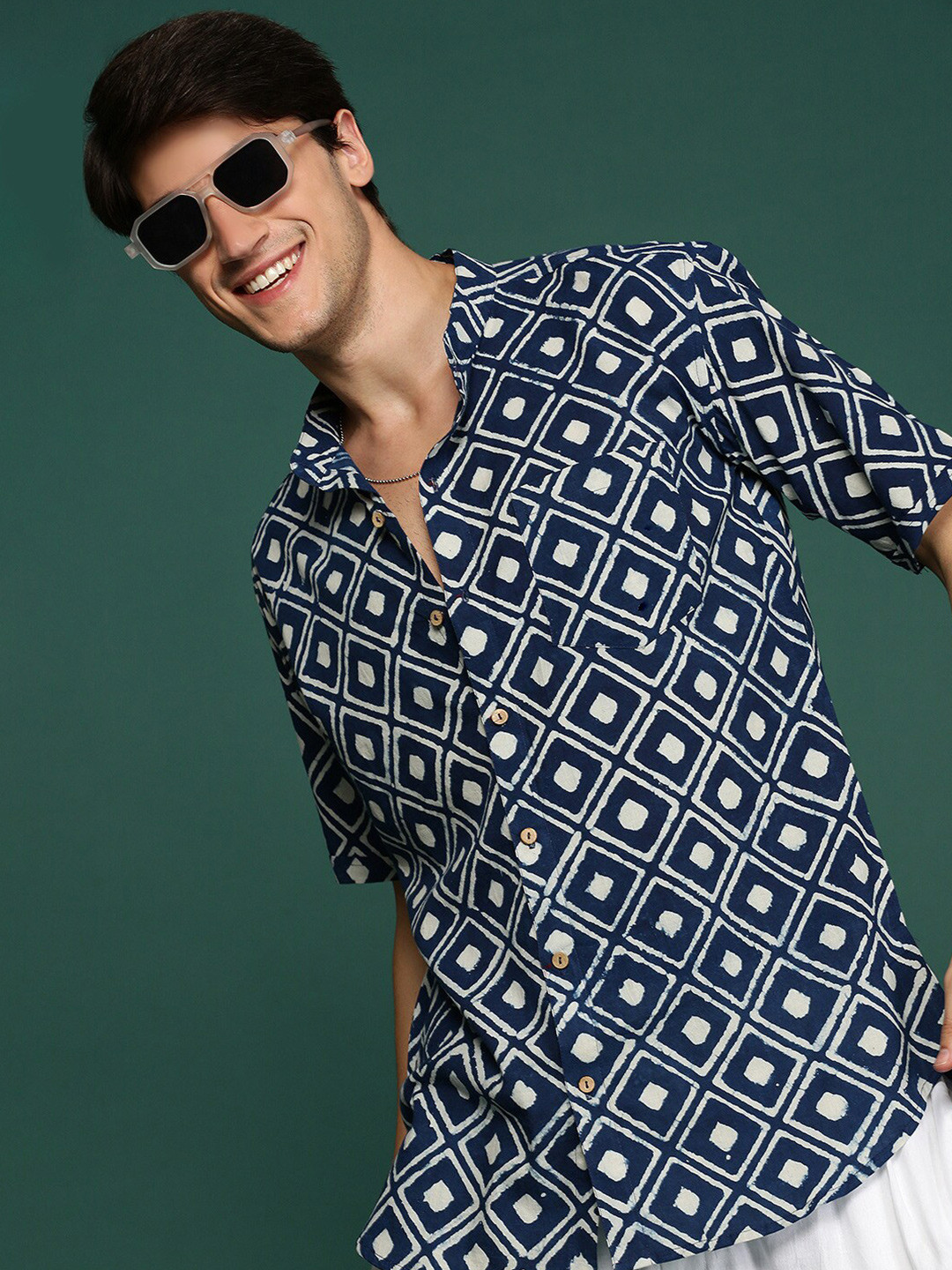 Sangria Blue Modern Fit Geometric Block Printed Pure Cotton Chinese Collar Shirt