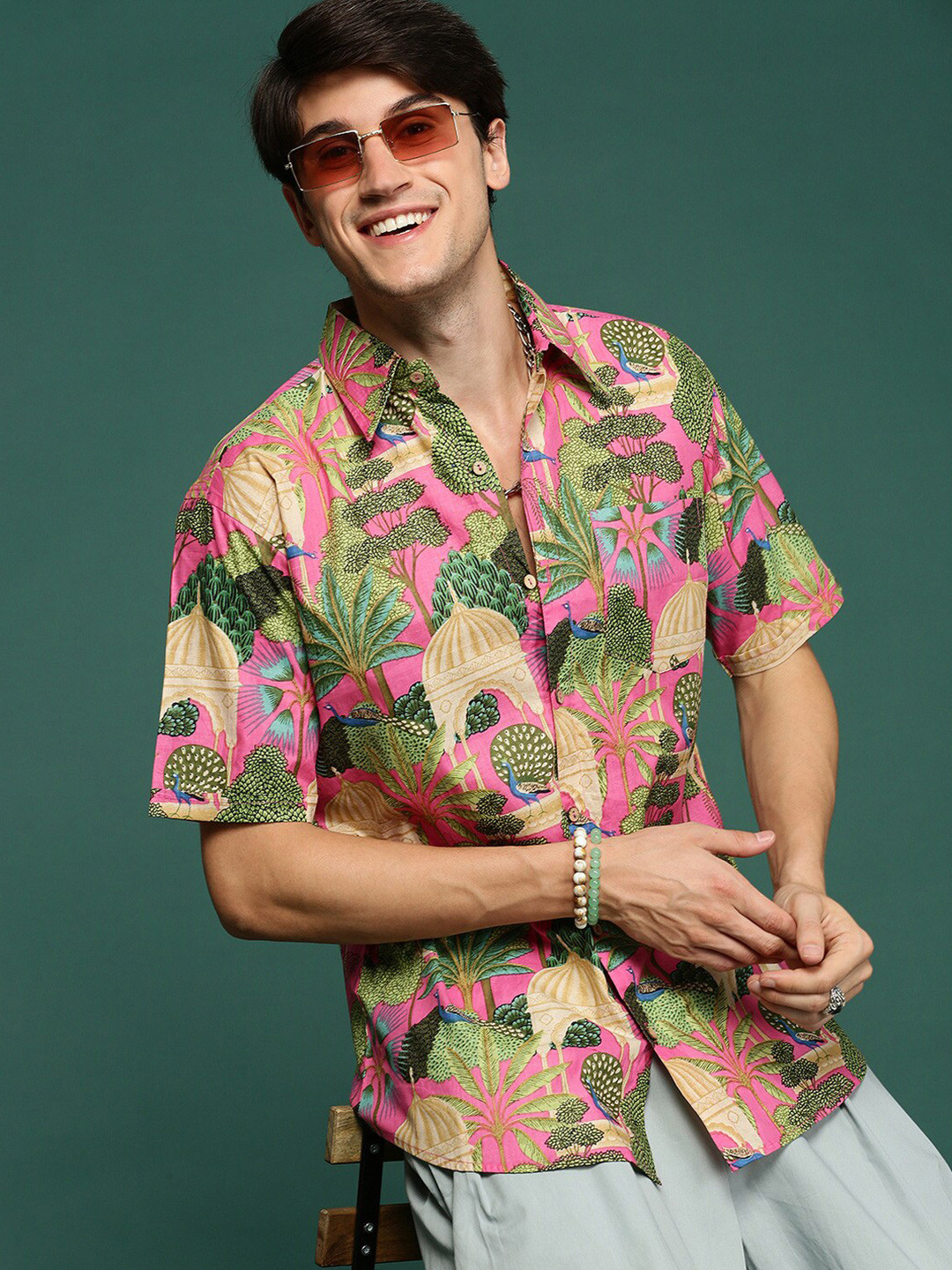 Sangria Modern Spread Collar Short Sleeves Printed Pure Cotton Shirts