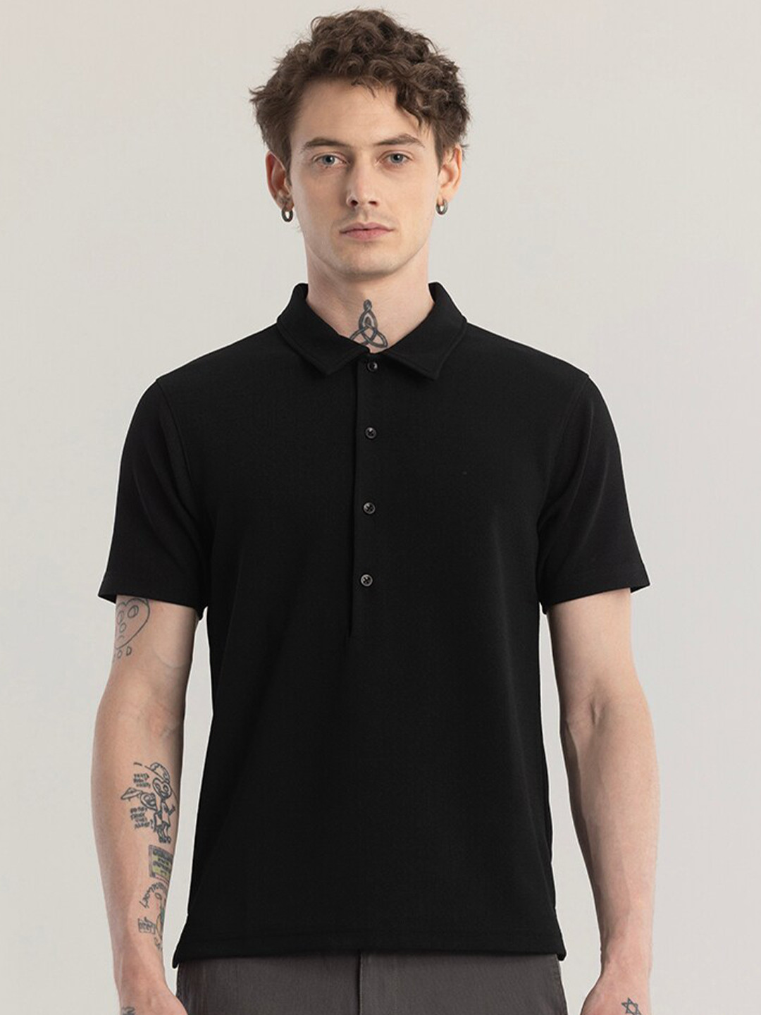 Snitch Black Polo Collar Short Sleeves Slim Fit T-shirt