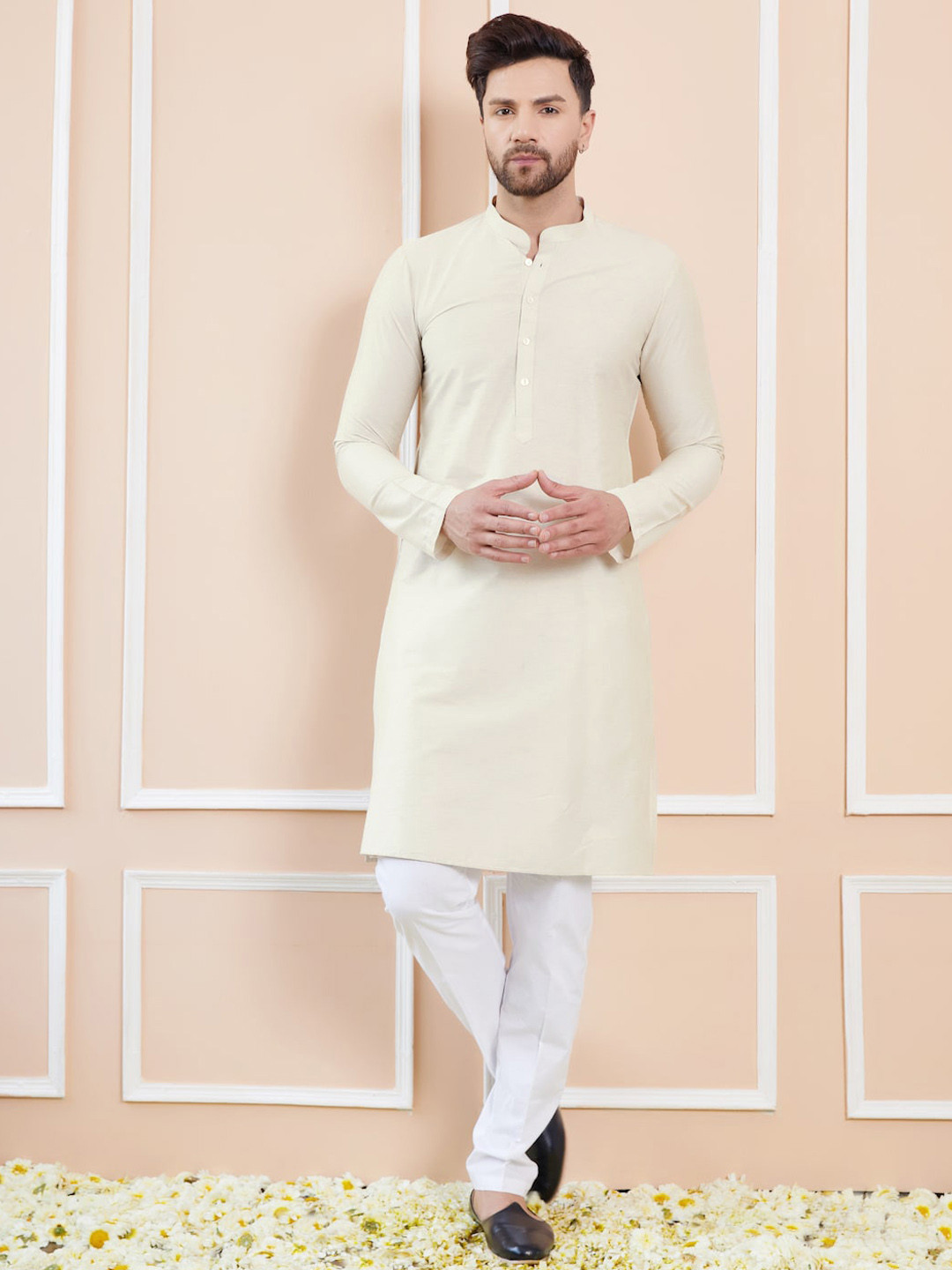 See Designs Long Sleeves Mandarin Collar Cotton Thread Work Kurta