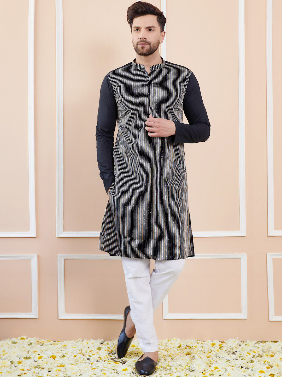 See Designs Striped Mandarin Collar Thread Work Pure Cotton Straight Kurta