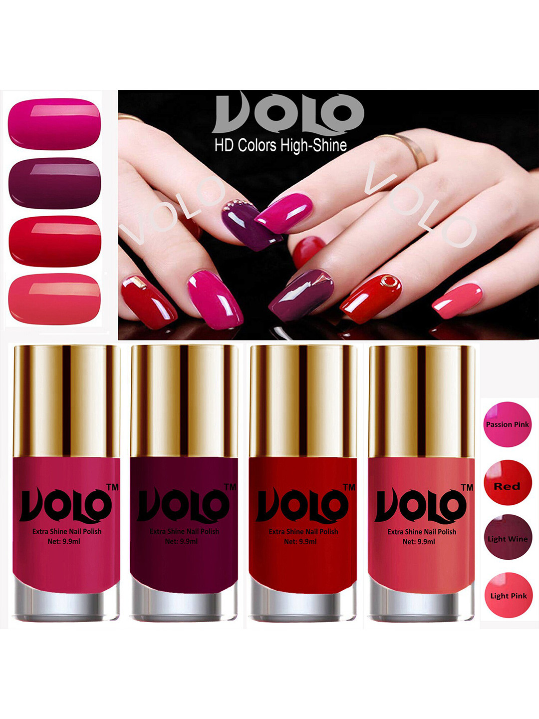 VOLO Set Of 4 HD Colors Nail Polish-Passion Pink- Red-Light Wine-Light Pink- No-3