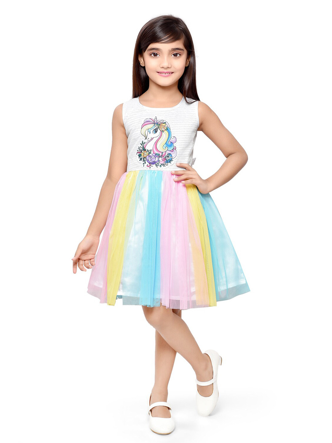 Doodle Girls Layered Net Fit and Flare Unicorn Dress