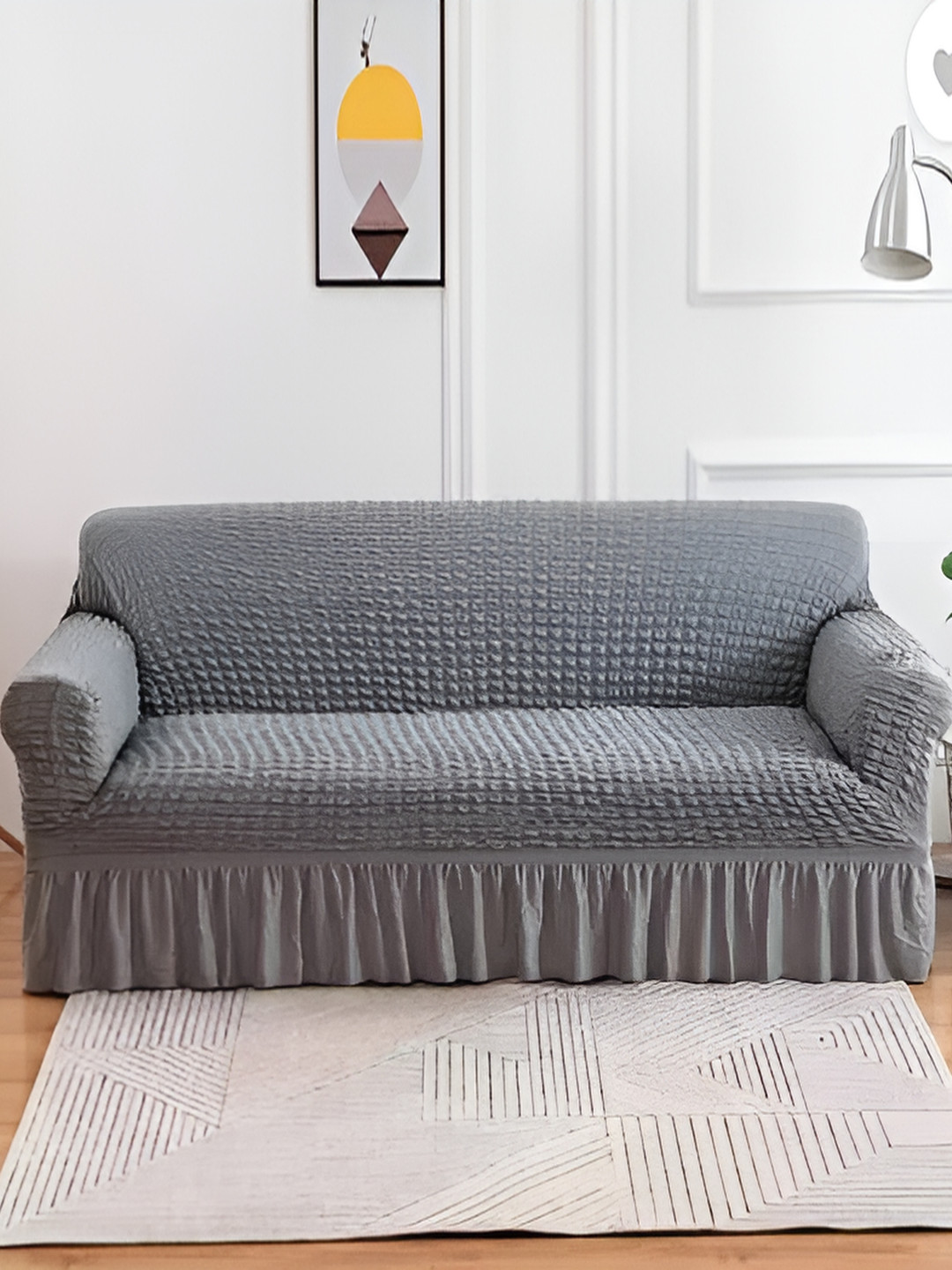 TONY STARK Grey Textured 3 Seater Sofa Cover With Arms