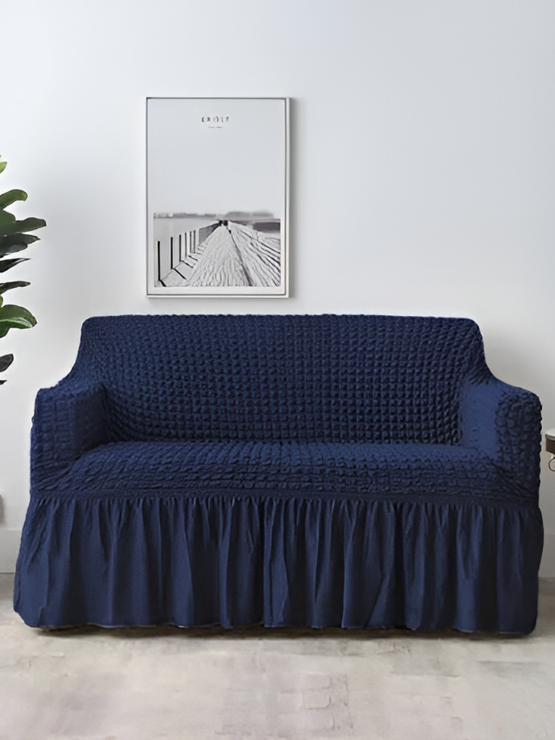 TONY STARK Navy Blue 2 Seater Elastic Stretchable Frill Sofa Cover