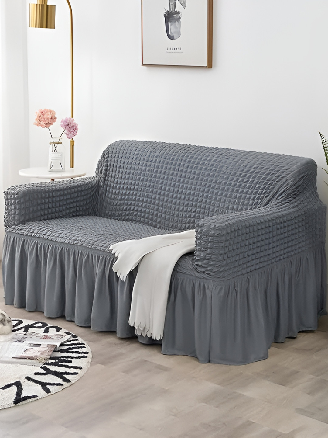 TONY STARK Grey 1 Seater Elastic Stretchable Frill Sofa Cover