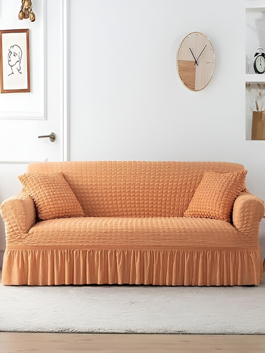 TONY STARK Beige Textured 3 Seater Sofa Cover With Arms