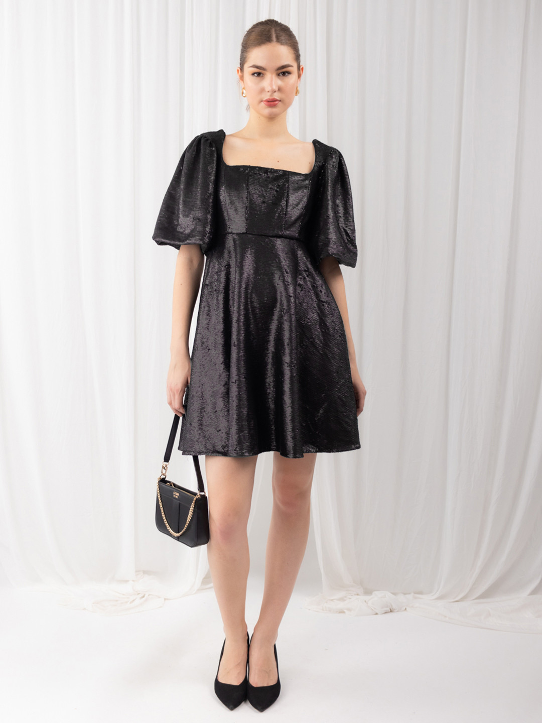 Black Sequined Puff Sleeve Fit & Flare Mini Dress