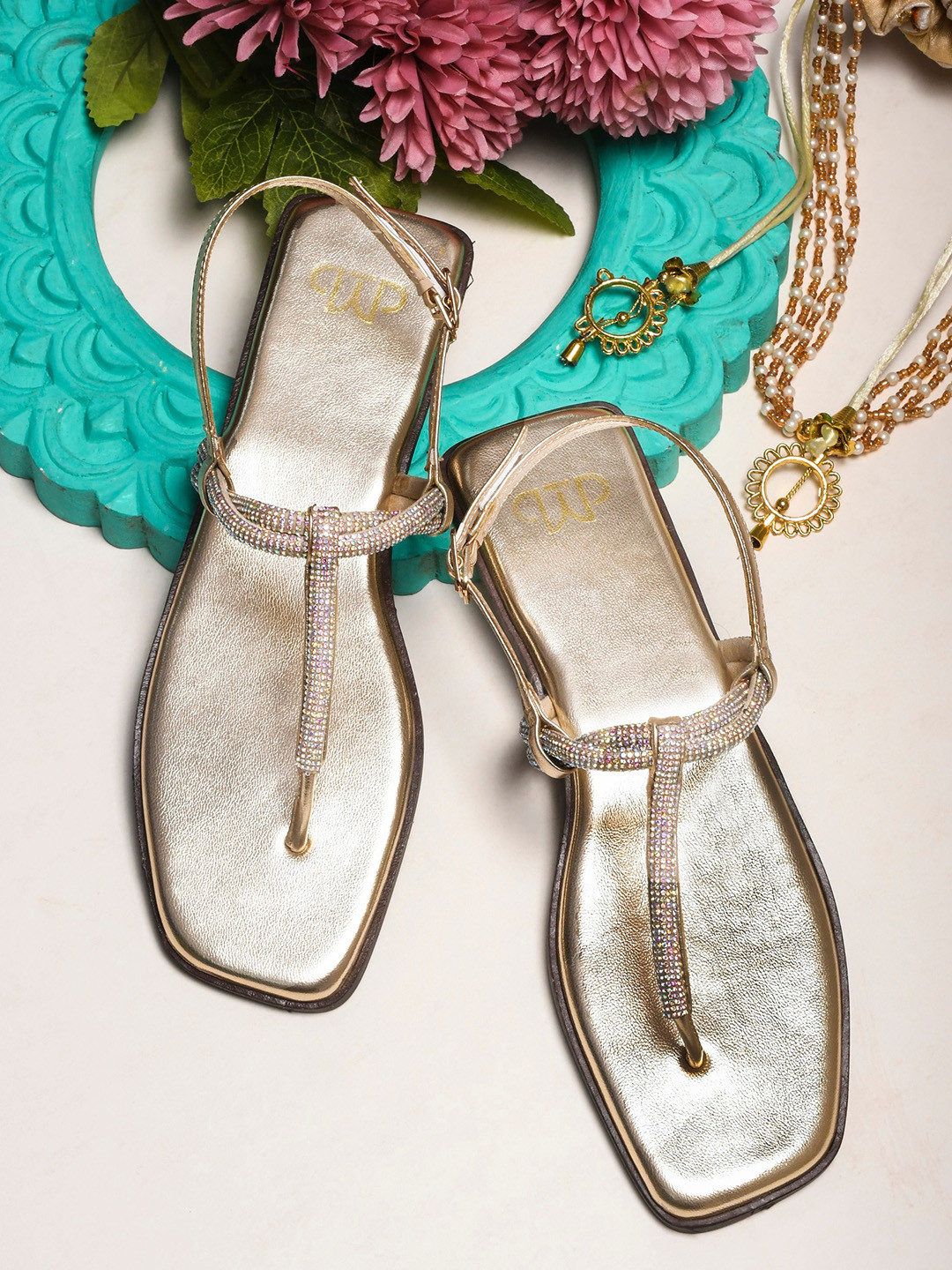 THE WHITE POLE Embellished T-Strap Flats