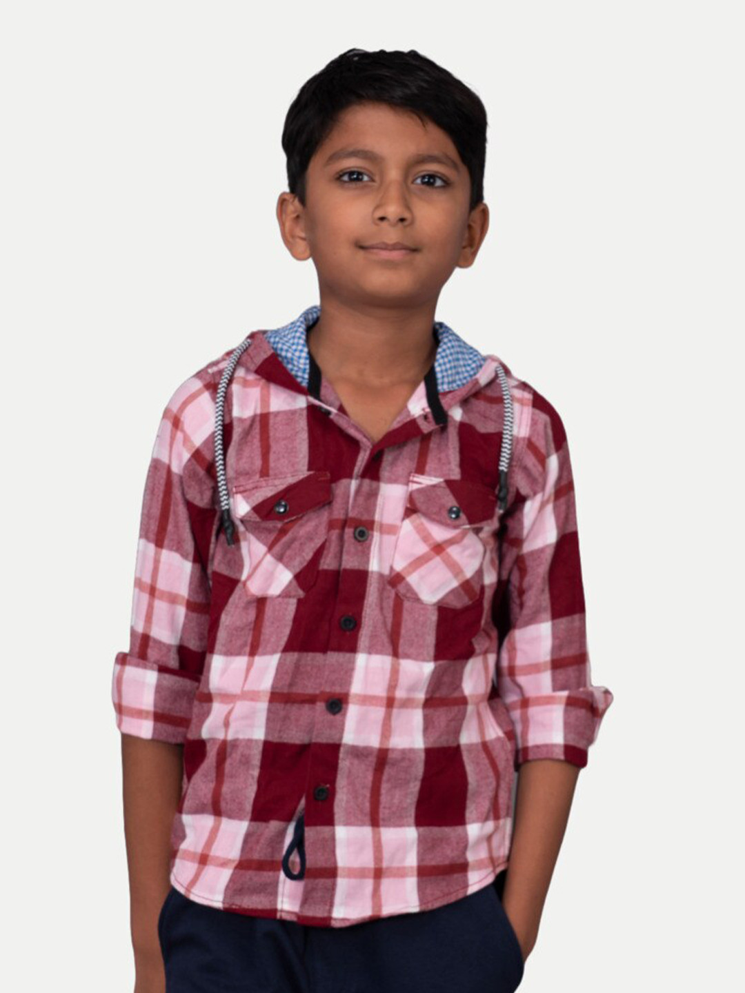 BAESD Boys Tartan Checks Hooded Chest Pocket Shirt