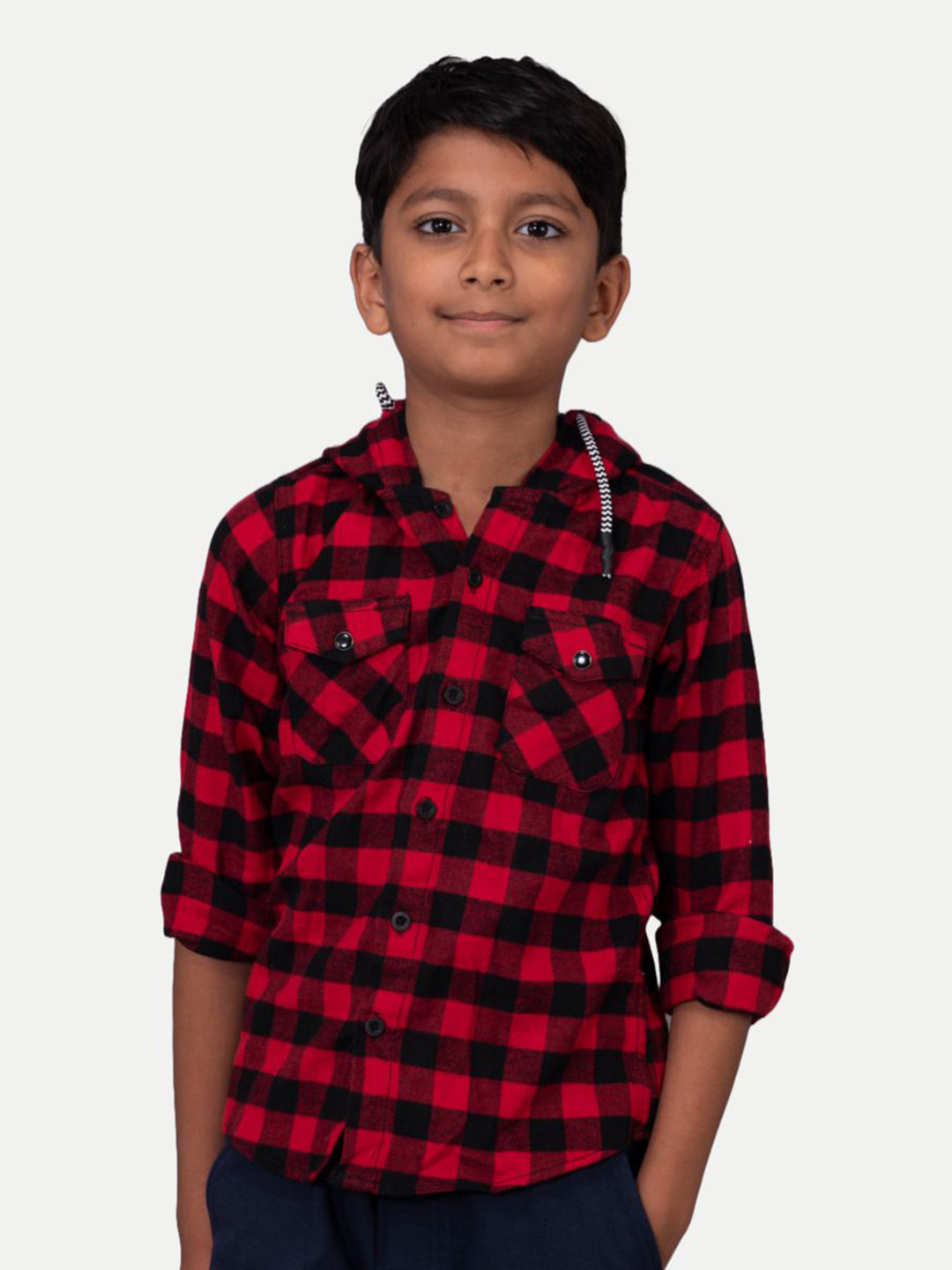BAESD Boys Buffalo Checks Hooded Chest Pocket Shirt