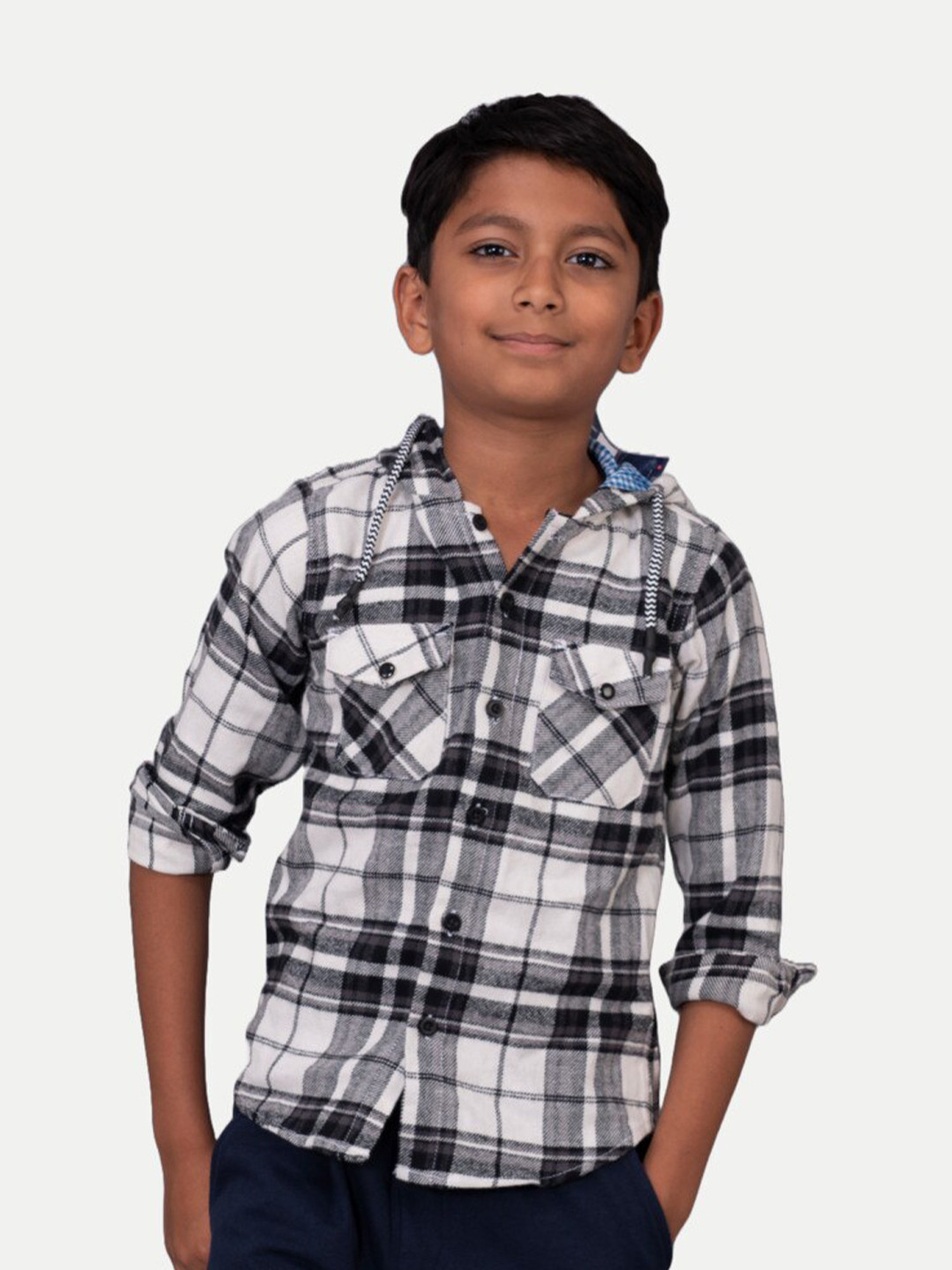BAESD Boys Tartan Checks Hooded Chest Pocket Shirt