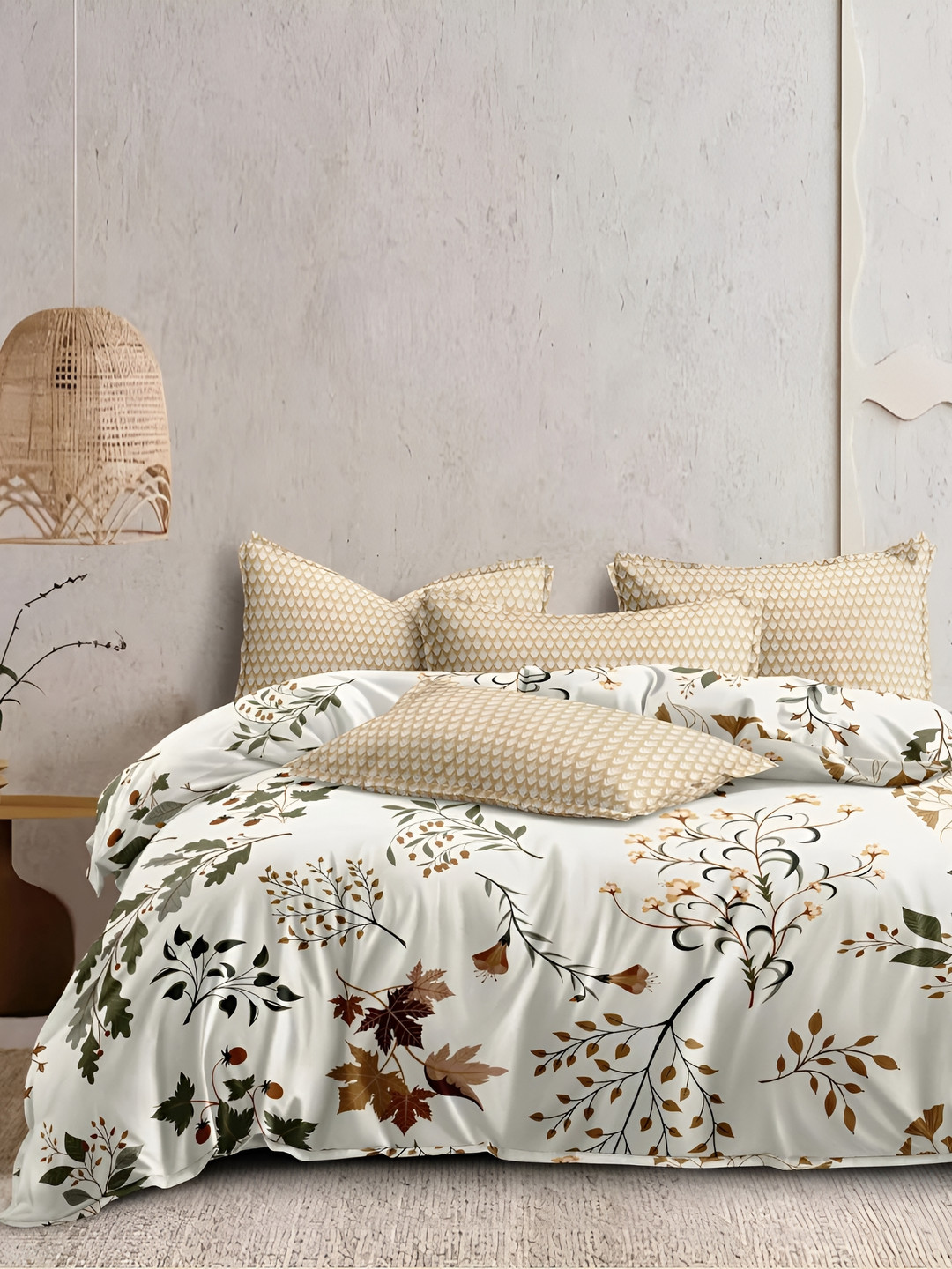 RRC Cream-Coloured Floral Polycotton 4 Pieces Double King Regular Bedding Set