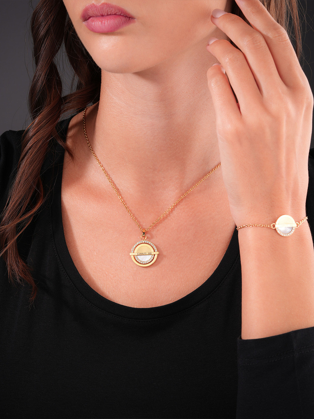 Cerruti 1881 Stainless Steel Stone-Studded Circular-Shaped Pendant With Chain