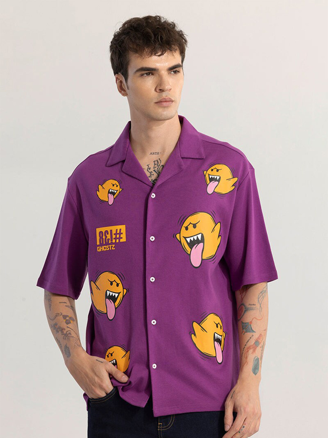 Snitch Purple Classic Oversized Fit Graphic Printed Cuban Collar Cotton Casual Shirt