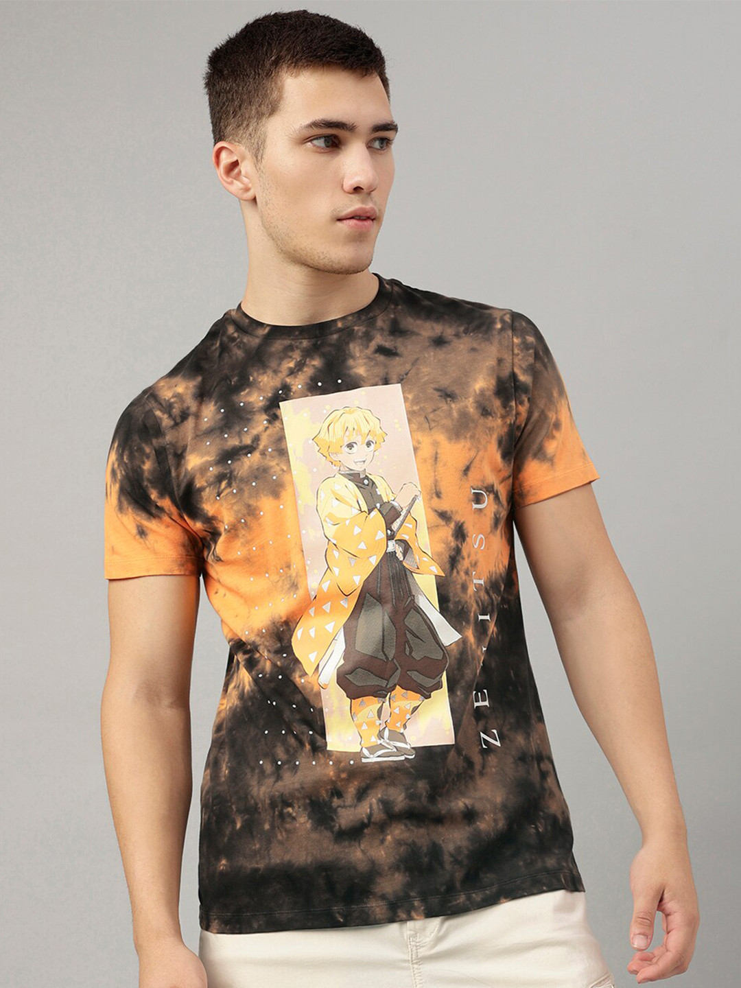 Free Authority Men Cotton Dyed Demon Slayer Anime Printed Round Neck T-shirt