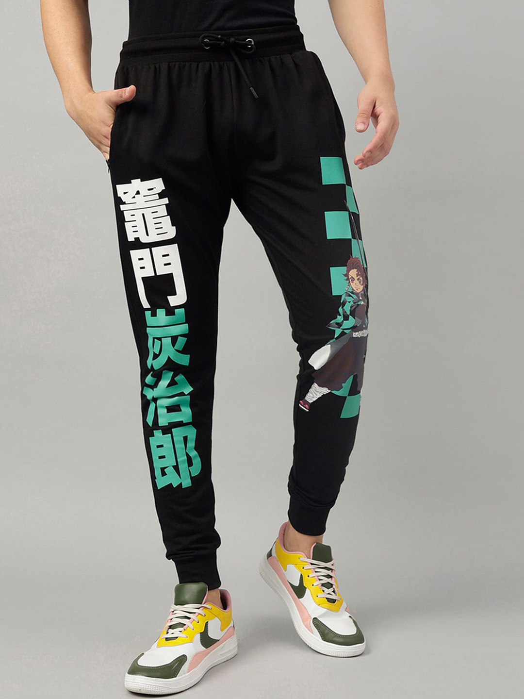 Free Authority Men Demon Slayer Anime Printed Cotton Mid-Rise Joggers