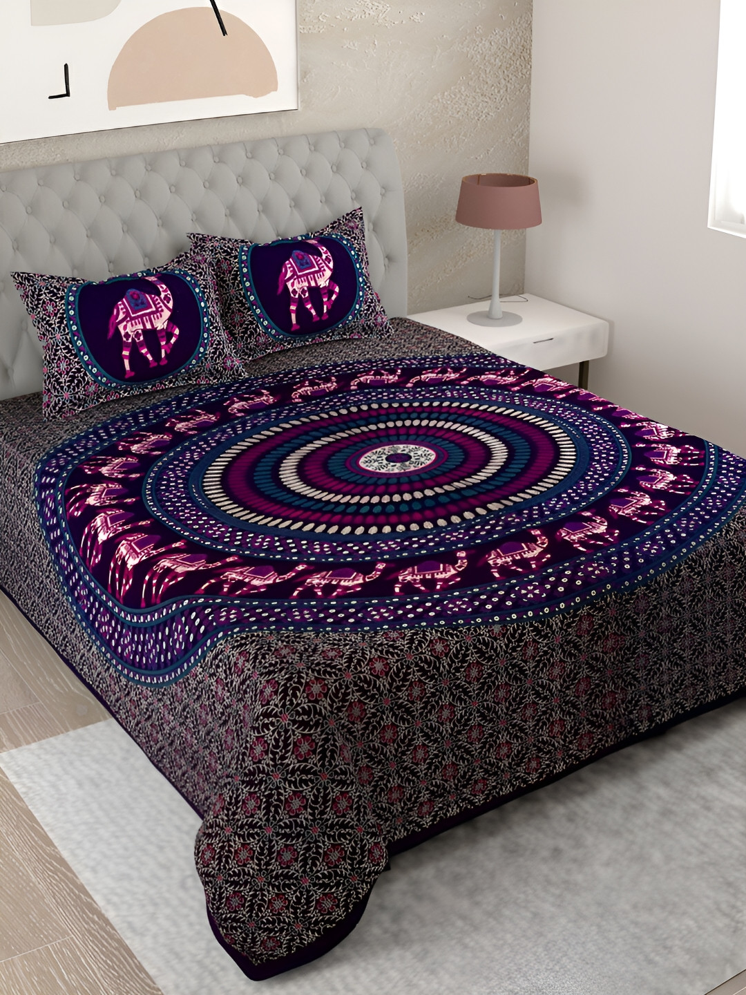 Aura D-2008N Purple Ethnic Motifs Pure Cotton 144 TC King Bedsheet with 2 Pillow Covers-106 x 89 inches