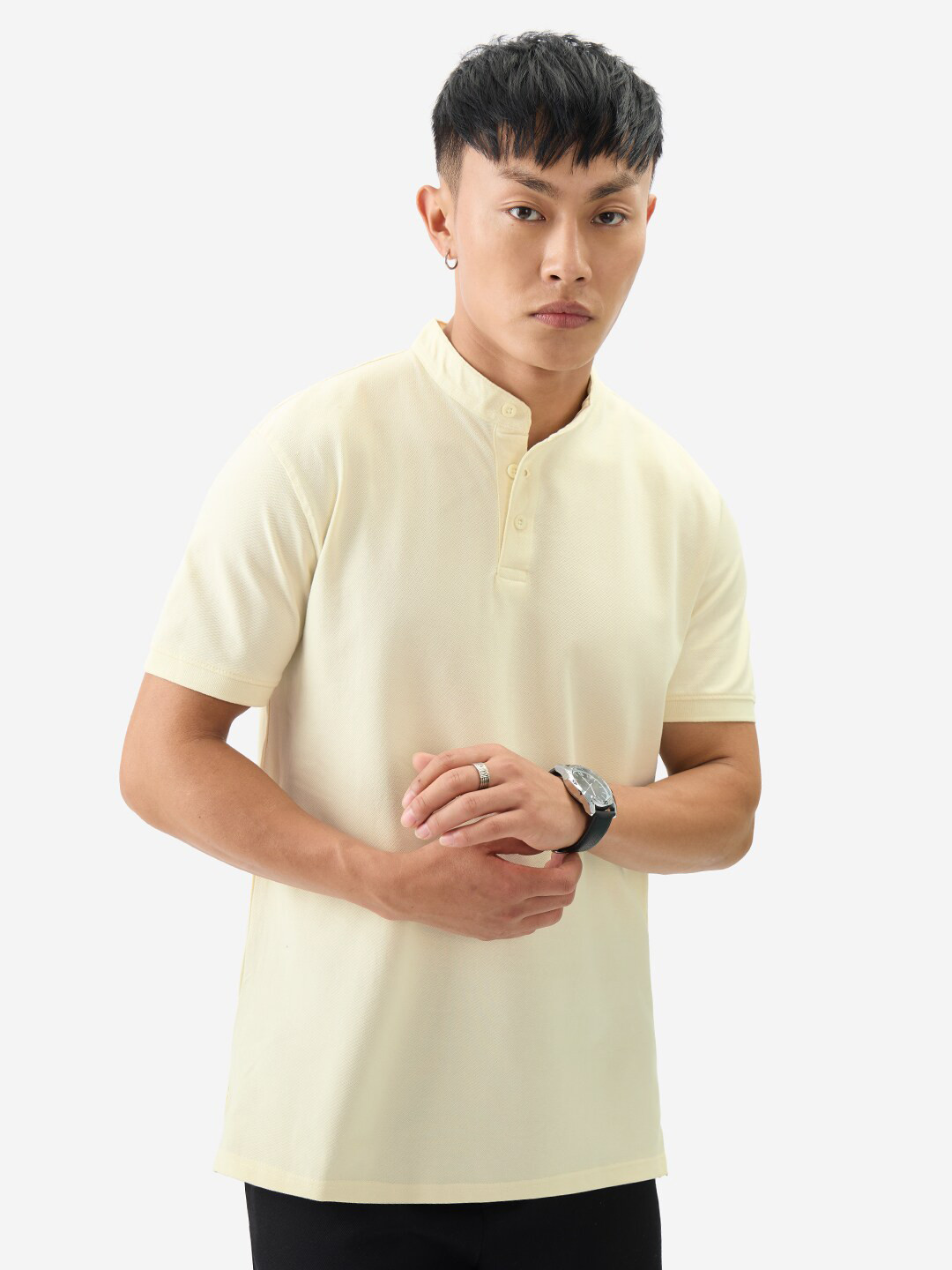 The Souled Store Men Regular Fit Solid White Mandarin Polos