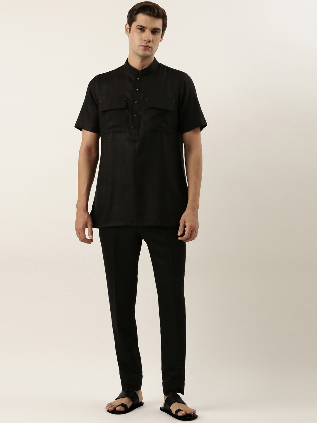 TheEthnic.Co Mandarin Collar Short Sleeves Straight Kurta