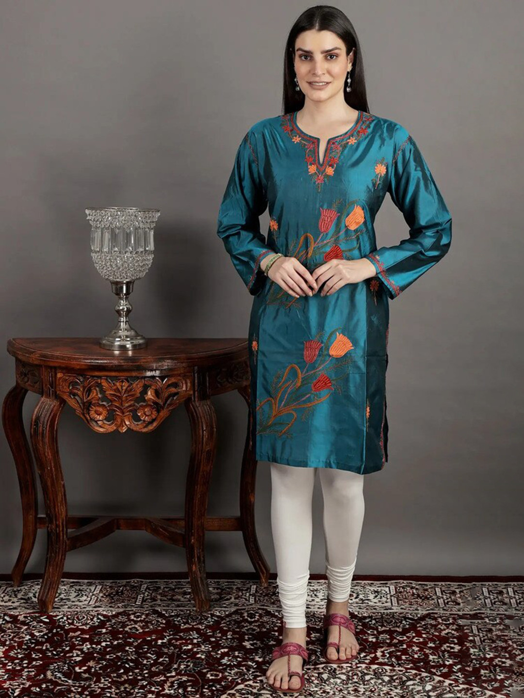 Exotic India Silk Ocean Depths Kashmiri Kurti with Aari Embroidery by Hand
