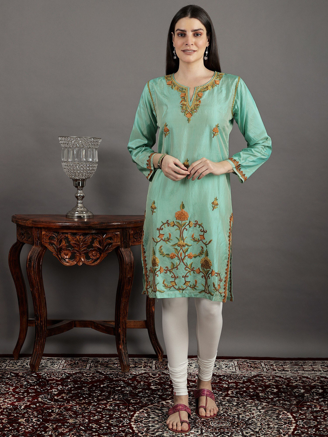 Exotic India Silk Neptune Green Kashmiri Kurti with Aari Embroidery by Hand