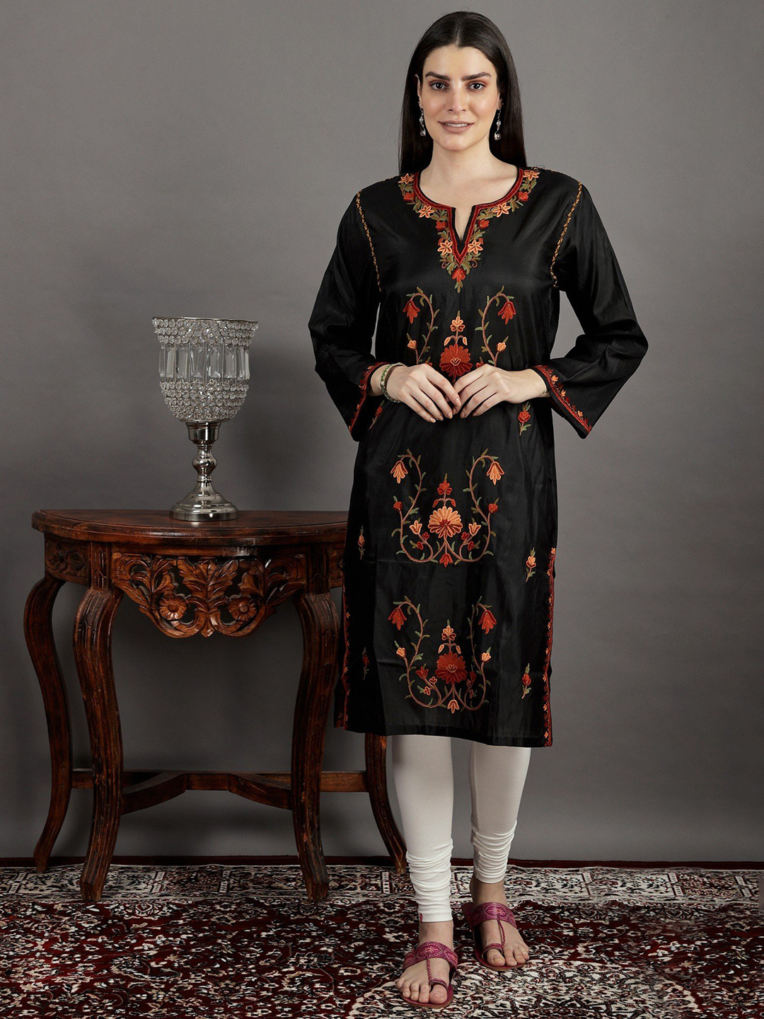 Exotic India Silk Black Beauty Kashmiri Kurti with Aari Embroidery by Hand