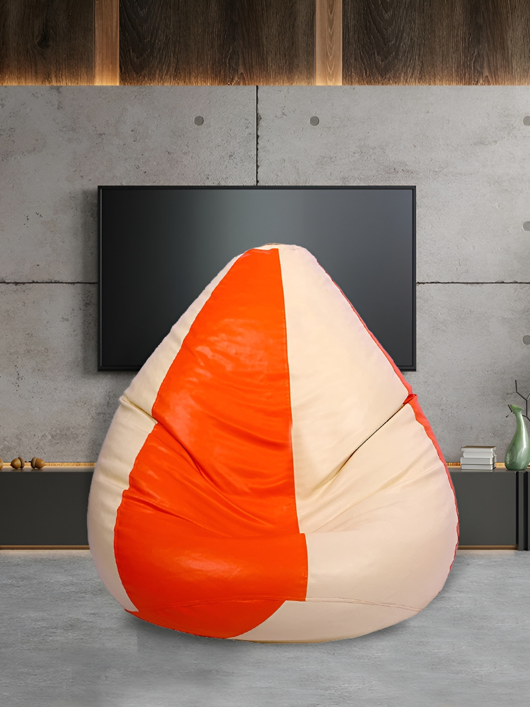SHIRA 24 Cream-colored & Orange-Colored Color-blocked Leatherette Tear Drop Bean Bag Cover