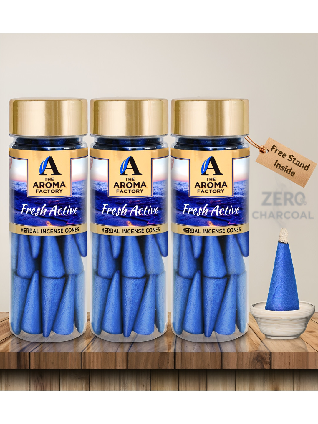 The Aroma Factory Blue 3 Pieces Wooden Fresh Active Dhoop Cone Pooja Essentials