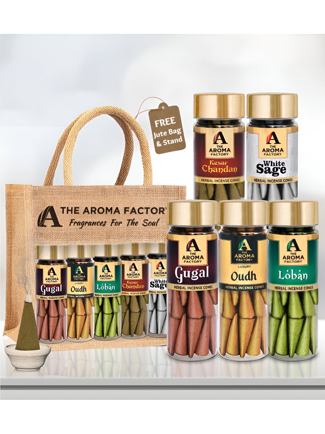 The Aroma Factory 5 Pieces Wooden Gugal,Loban,Chandan,Oudh,Sage Dhoop Cone Pooja Essential