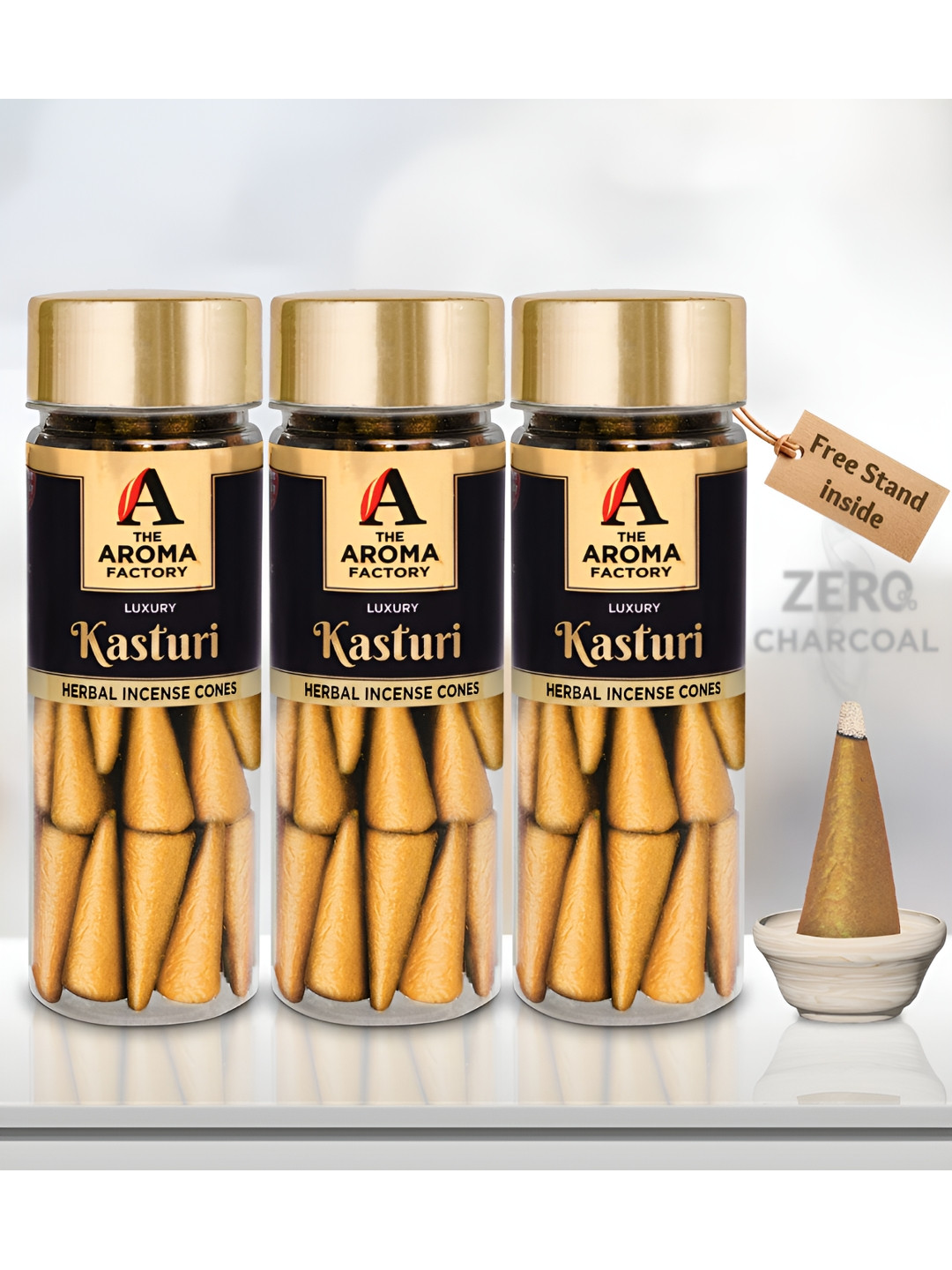 The Aroma Factory 3 Pieces Wooden Kasturi Musk Dhoop Cone Pooja Essentials