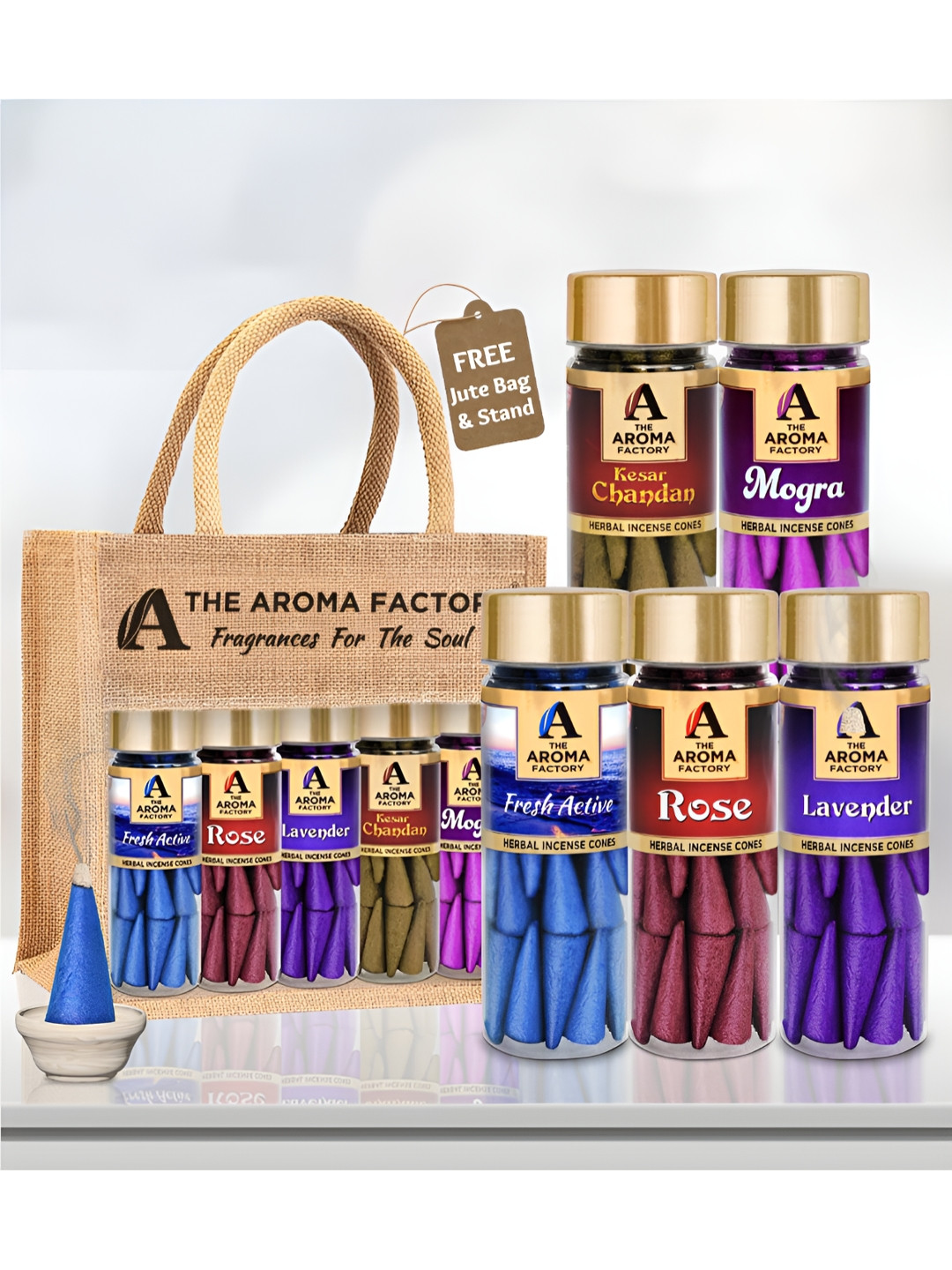 The Aroma Factory 5 Pieces Wooden Rose,Lavender,Mogra,chandan,Fresh Cone Pooja Essentials