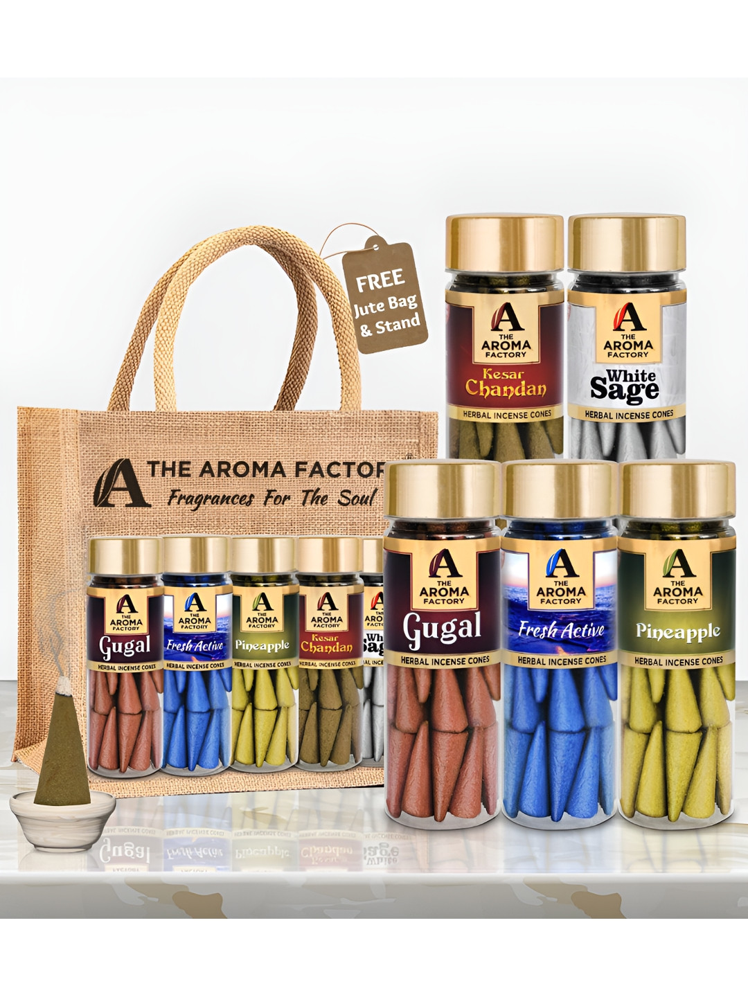 The Aroma Factory 5 Pieces Wooden Gugal,Fresh,Chandan,Pineapple,Sage Cone Pooja Essentials