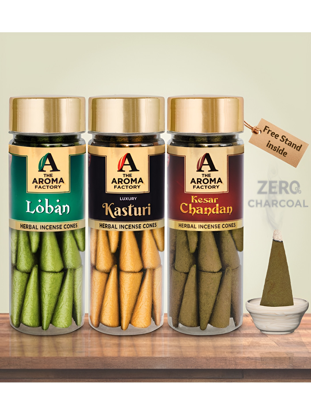 The Aroma Factory 3 Pieces Wooden Loban, Kasturi, Kesar Chandan Dhoop Cone Pooja Essential