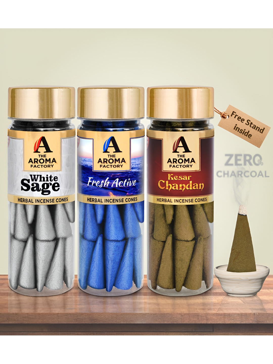 The Aroma Factory 3 Pieces Wooden Sage,Fresh,Saffron Sandal Dhoop ConePooja Essentials