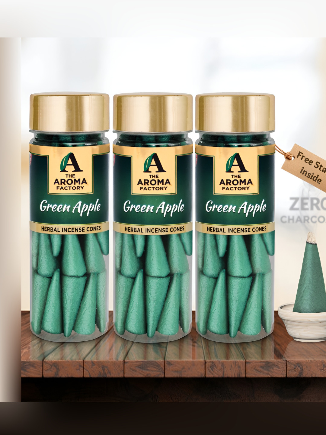 The Aroma Factory 3 Pieces Wooden Green Apple Dhoop Cone Pooja Essentials