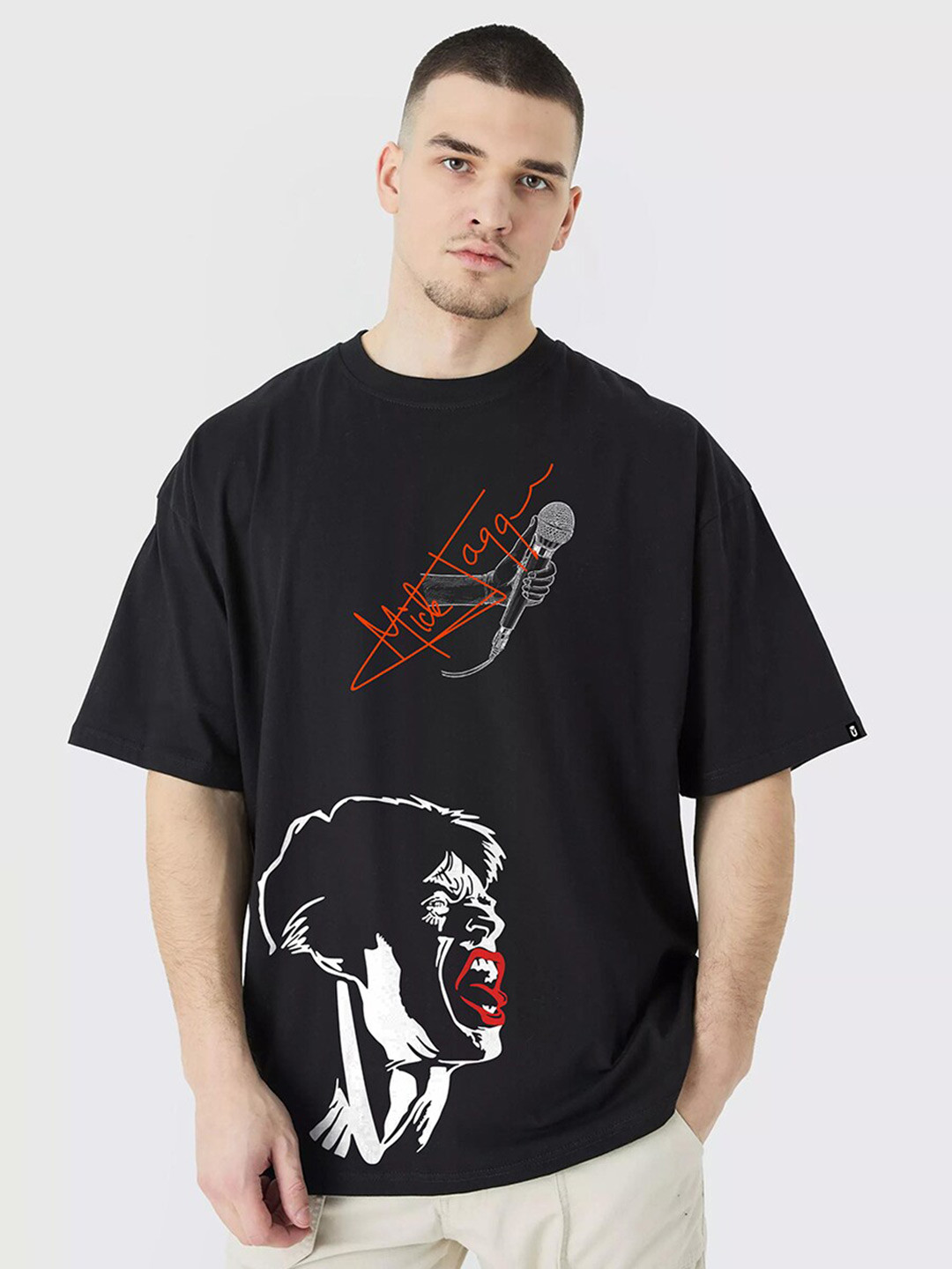 PRONK Men Printed Extended Sleeves Pure Cotton Applique T-shirt