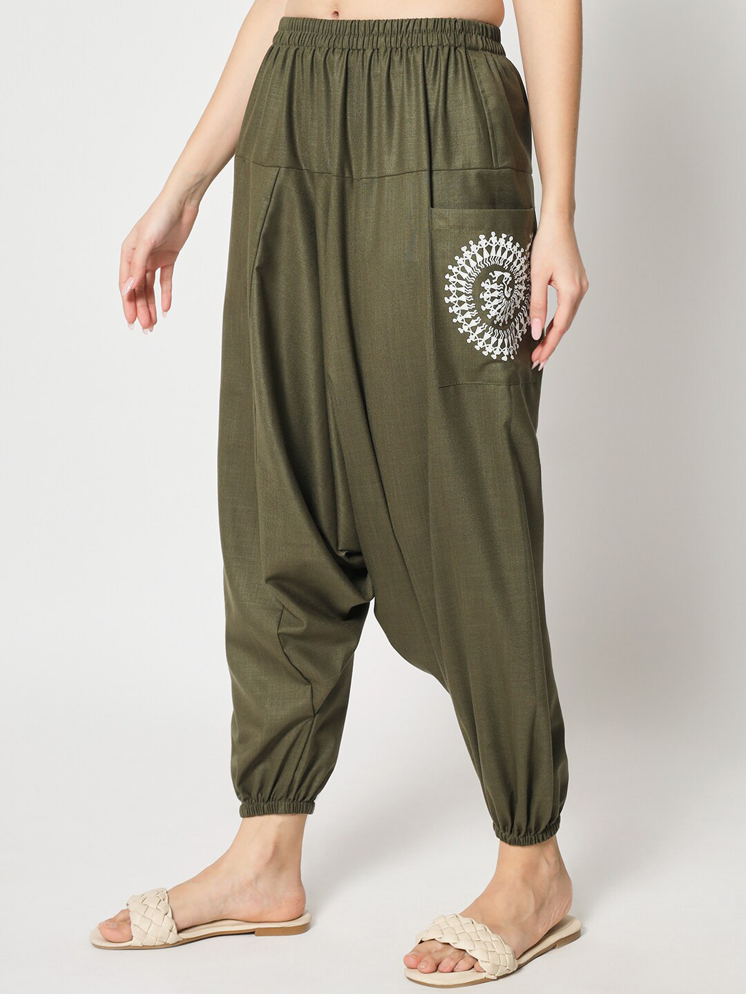 9rasa Women Block Printed Loose Fit Pure Cotton Drop-Crotch High-Rise Harem Pants
