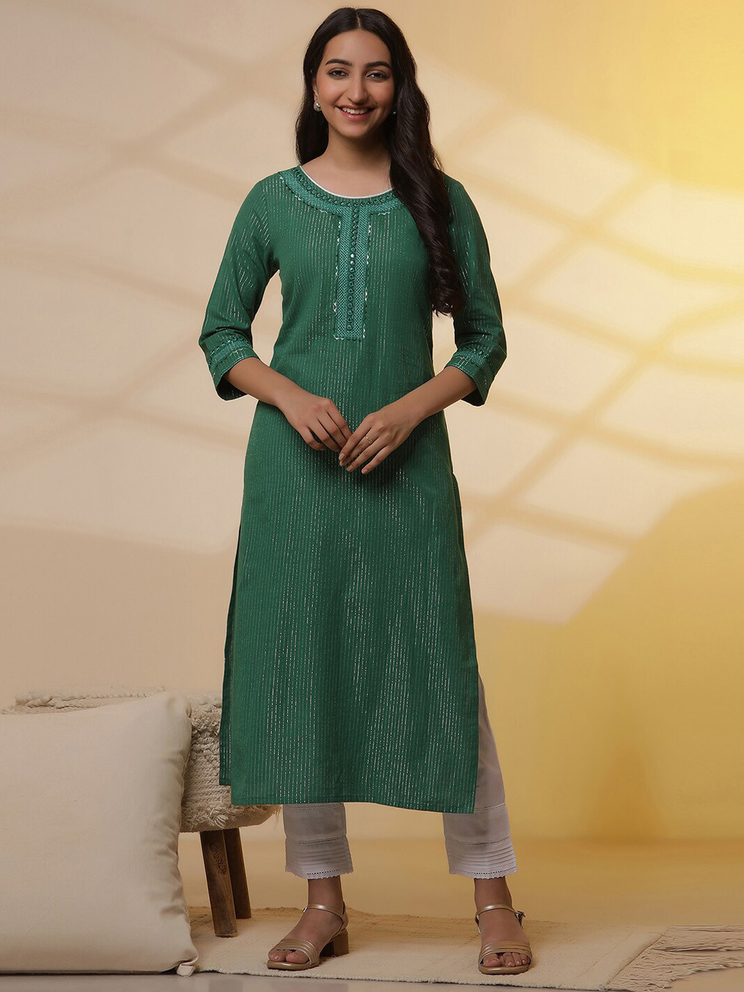 AURELIA Striped Yoke or Border Straight Mirror Work Pure Cotton Kurta With Trousers
