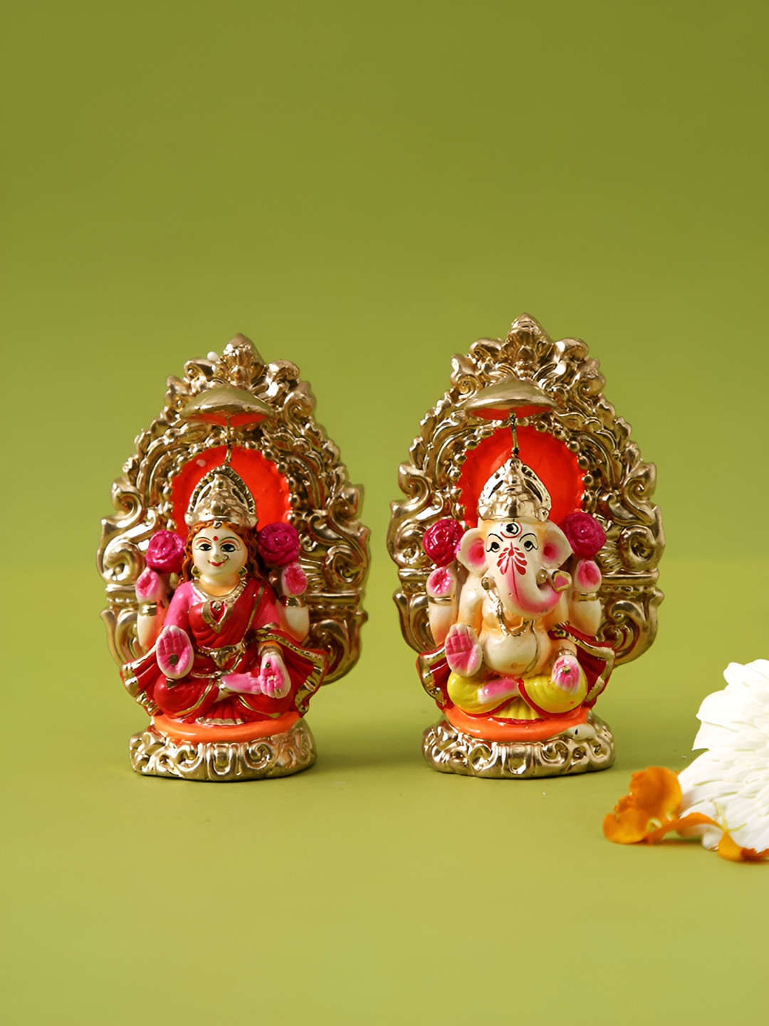 Aura Laxmi Ganesh Idol Set Gold Terracotta Glossy Prayer Room Hand-Crafted Set of 2 Tiny Showpieces - 4.1 Inches
