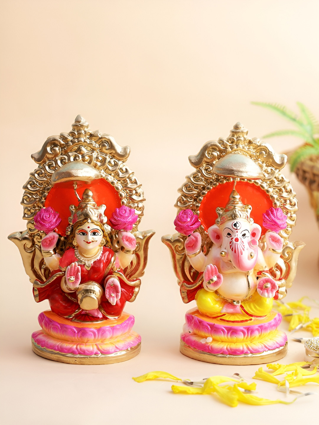Aura Laxmi Ganesh Sitting On Throne Gold Terracotta Metallic Prayer Room Set of 2 Small Showpieces - 4.9 Inches