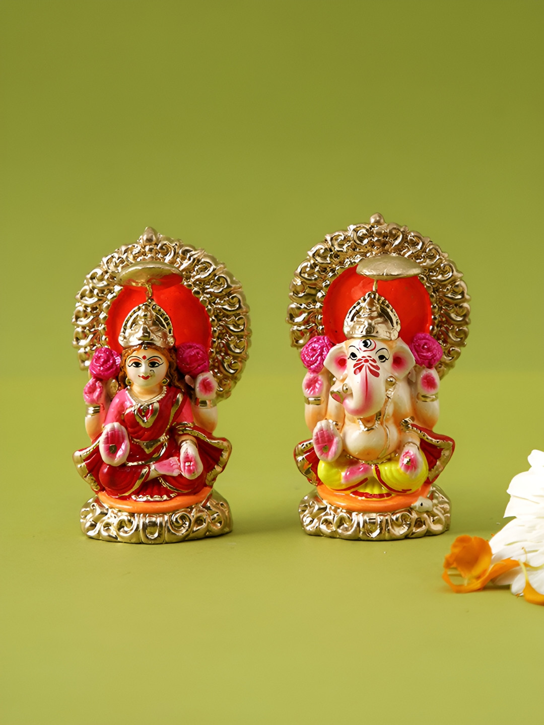 Aura Laxmi Ganesh Throne Gold Terracotta Glossy Prayer Room Hand-Crafted Set of 2 Tiny Showpieces - 4.3 Inches