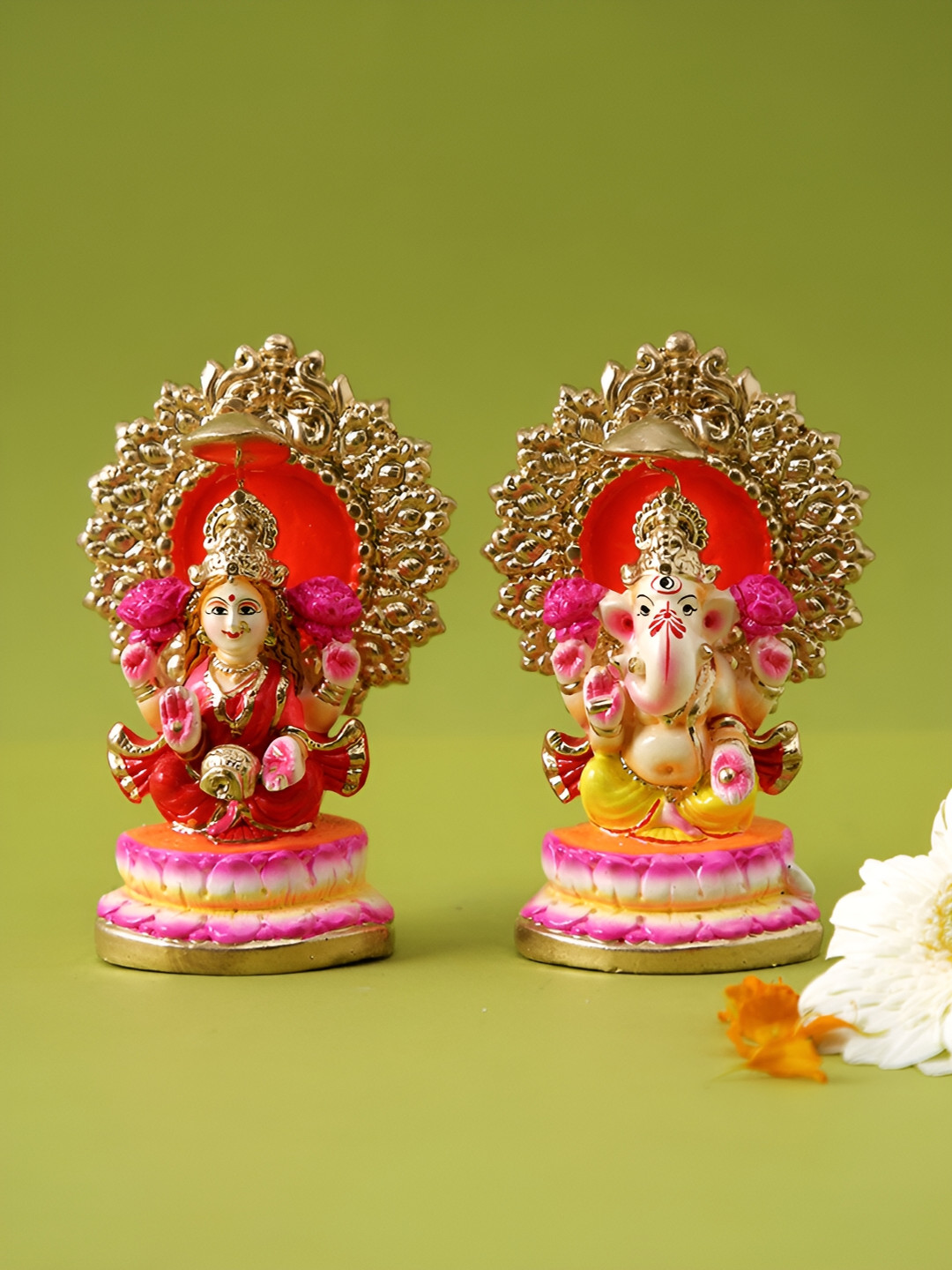 Aura Laxmi Ganesh Gold Terracotta Natural Prayer Room Hand-Painted Set of 2 Tiny Showpieces - 5.5 Inches