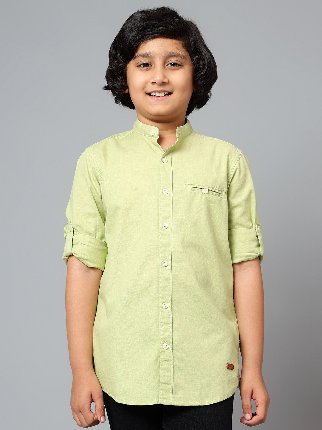 Cantabil Boys Mandarin Collar Roll-Up Sleeves Cotton Curved Casual Shirt