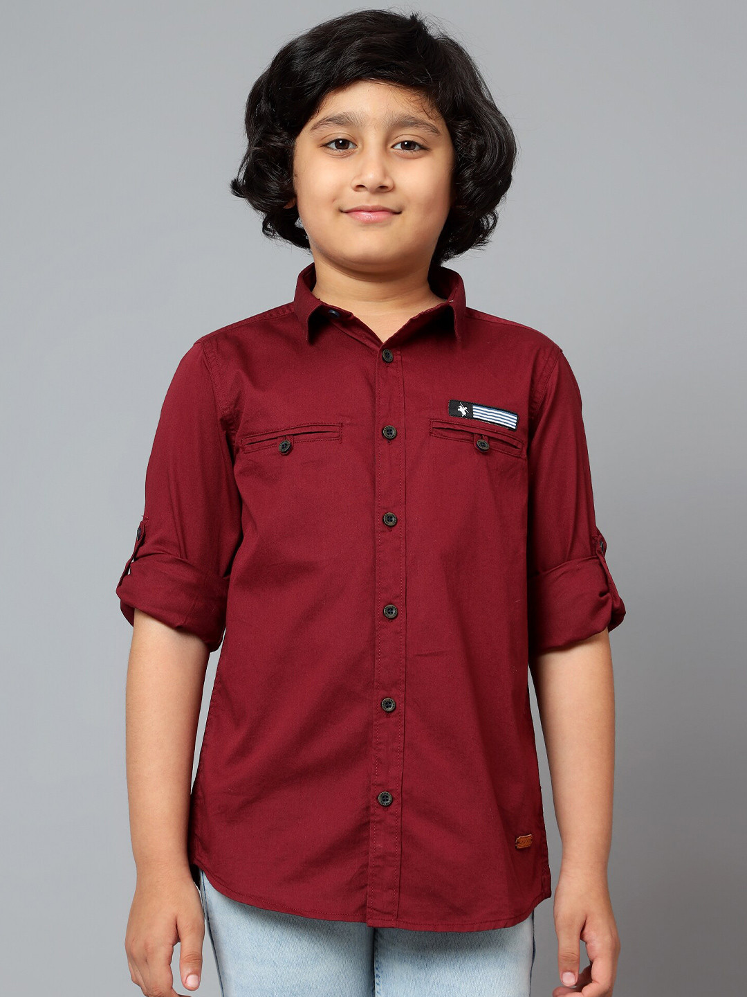 Cantabil Boys Spread Collar Roll-Up Sleeves Curved Cotton Casual Shirt
