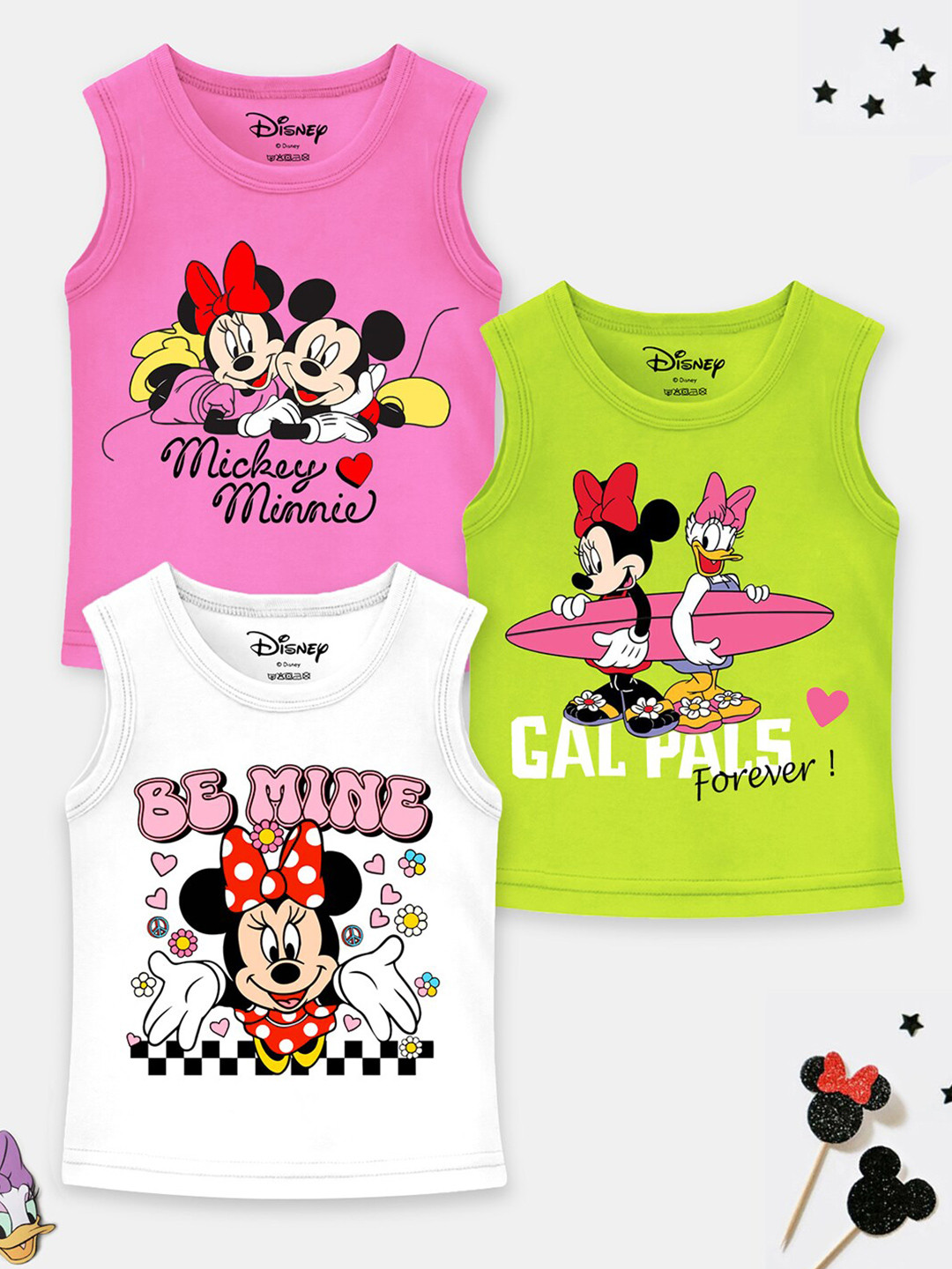 YK Disney Girls Pack of 3 Printed Applique T-shirt