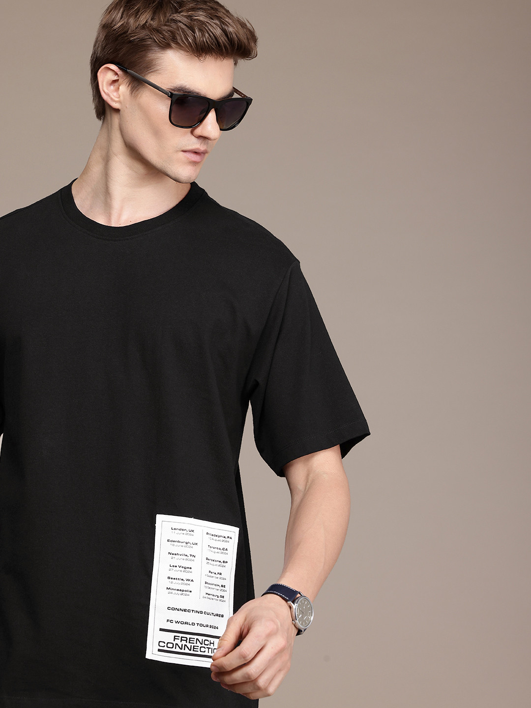 French Connection Drop-Shoulder Sleeves Relaxed Fit Pure Cotton Applique T-shirt