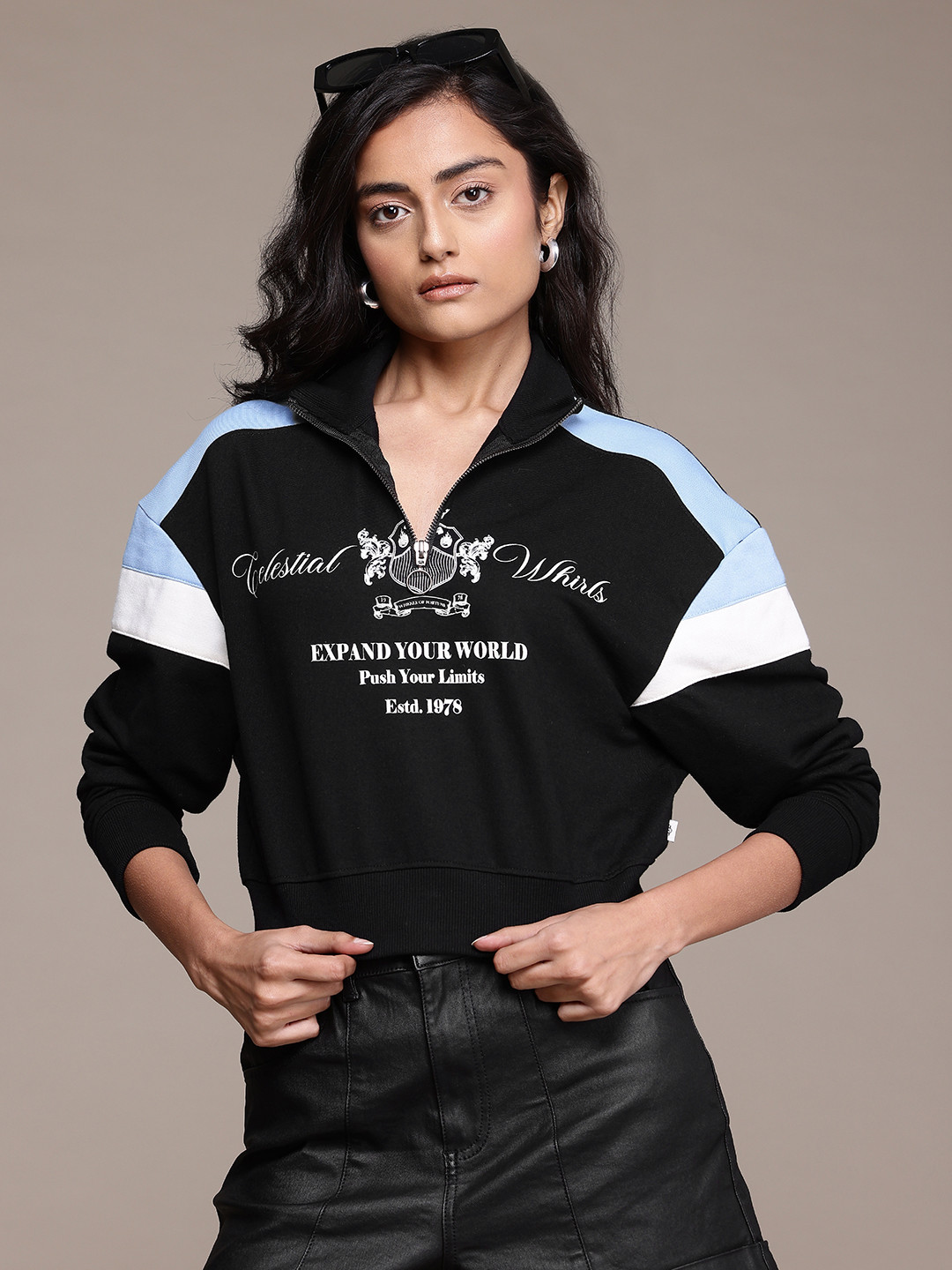 The Roadster Lifestyle Co. Half Zipper with Mock Collar Printed Sweatshirt